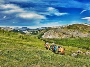 Horse trekking in Khoridol Saridag Mountains during summer in Mongolia