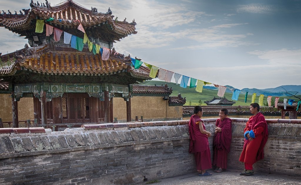 Young resident monks taking a break from studies at Amarbayasgalant Monastery in Selenge Province, Mongolia