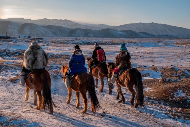 Winter horse trekking tour during Mongolia family holidays