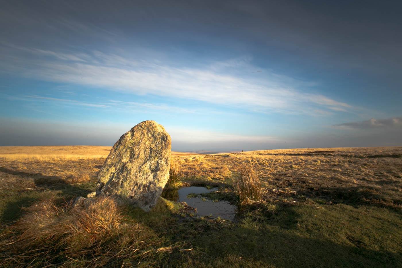 One of the stones of White Moor Stone Circle on Dartmoor National Park