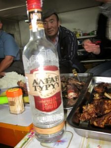 Mongolian vodka and traditional Mongolian barbecue