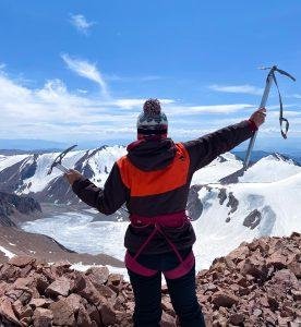 Pujee - a Eternal Landscapes trip assistant - woman achieving new heights on top of Kharkhiraa Mountain .