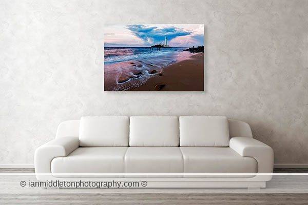 Canvas print example of Saint Mary's Lighthouse at Whitley Bay at sunset, England.